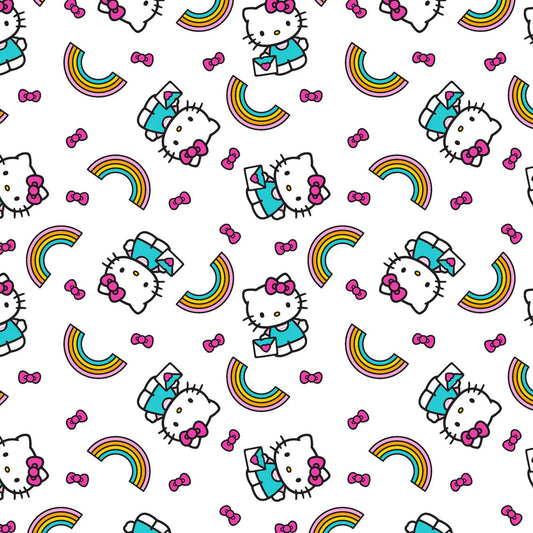 Hello Kitty- White Rainbow Toss: Sold by the 1/2 yard