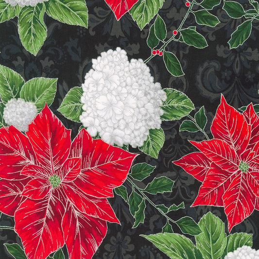 Holiday Flourish Snow Flower- Onyx Poinsettia Silver Metallic: Sold by the 1/2 yard.