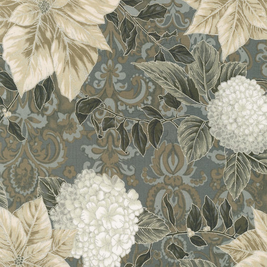 Holiday Flourish Snow Flower- Pewter Poinsettia Silver Metallic: Sold by the 1/2 yard.