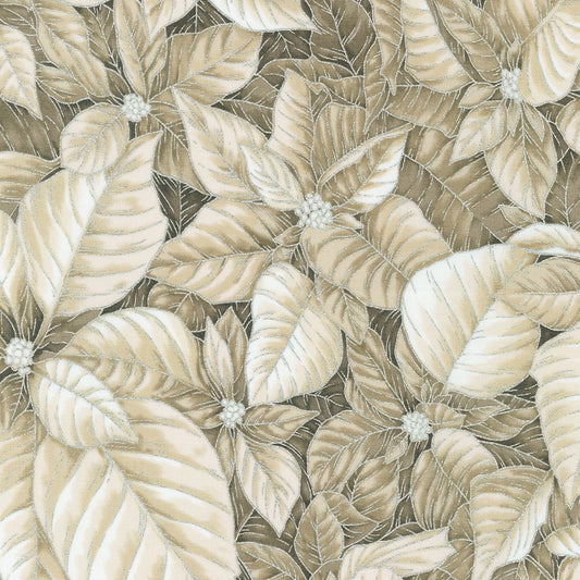 Holiday Flourish Snow Flower- Taupe Allover Poinsettia Silver Metallic: Sold by the 1/2 yard.