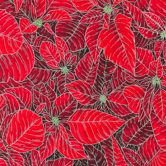 Holiday Flourish Snow Flower- Scarlet Allover Poinsettia Silver Metallic: Sold by the 1/2 yard.