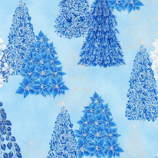 Holiday Flourish Snow Flower- Blue Trees Silver Metallic: Sold by the 1/2 yard.