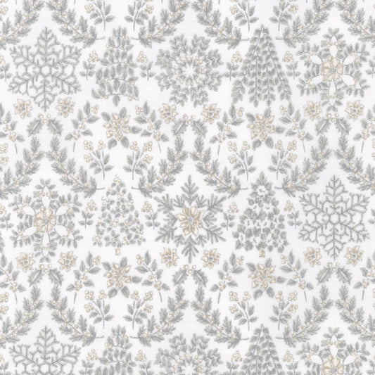 Holiday Flourish Snow Flower-Dove Flourish Stripe Silver Metallic: Sold by the 1/2 yard.