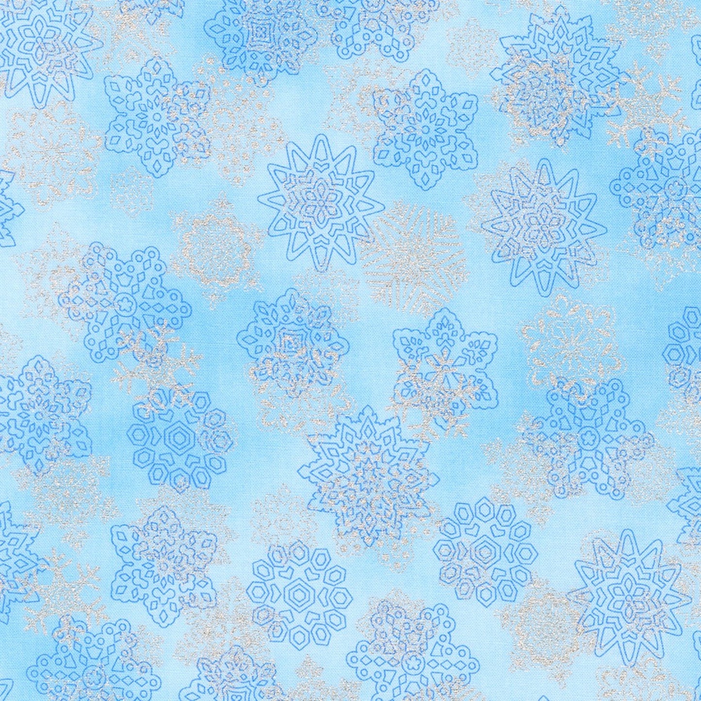 Holiday Flourish Snow Flower- Sky Snowflakes Silver Metallic: Sold by the 1/2 yard.