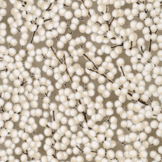 Holiday Flourish Snow Flower- Taupe Berries Silver Metallic: Sold by the 1/2 yard.