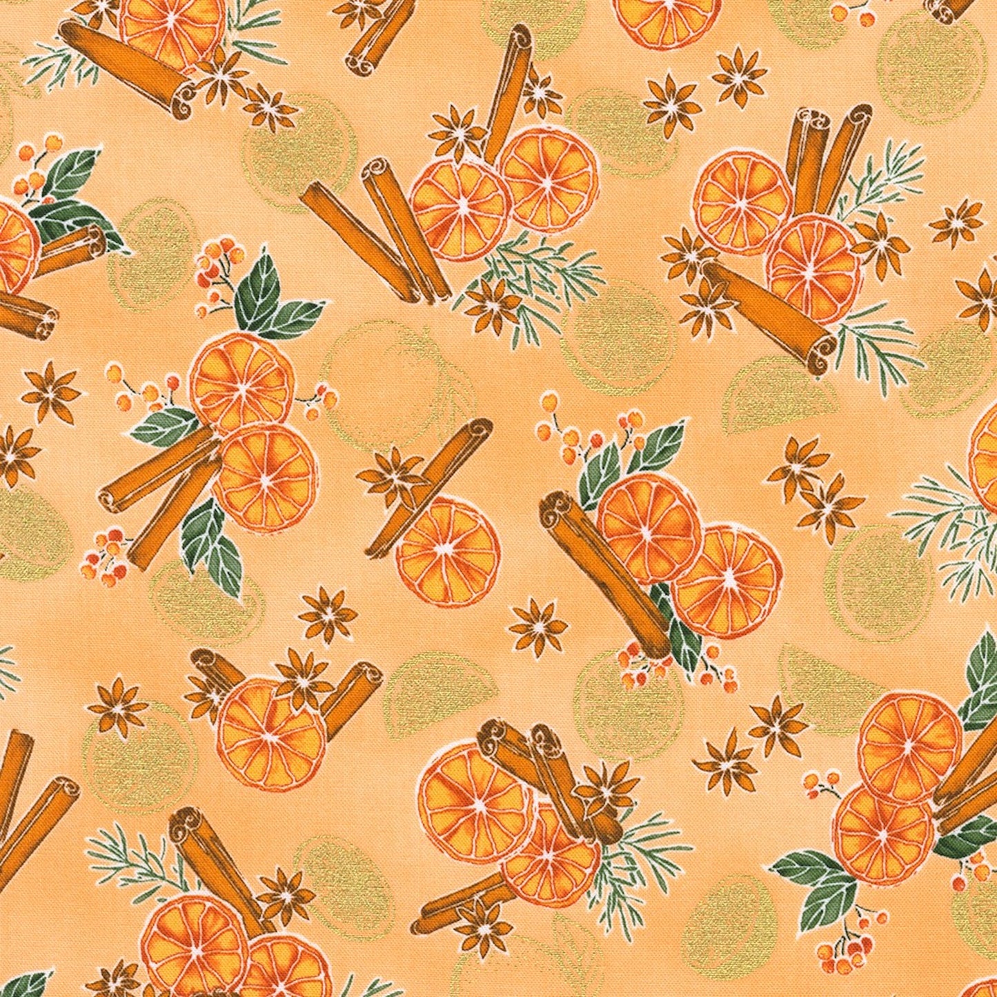 Sweet Pumpkin Spice- Pumpkin Oranges with Metallic: Sold by the 1/2 yard.