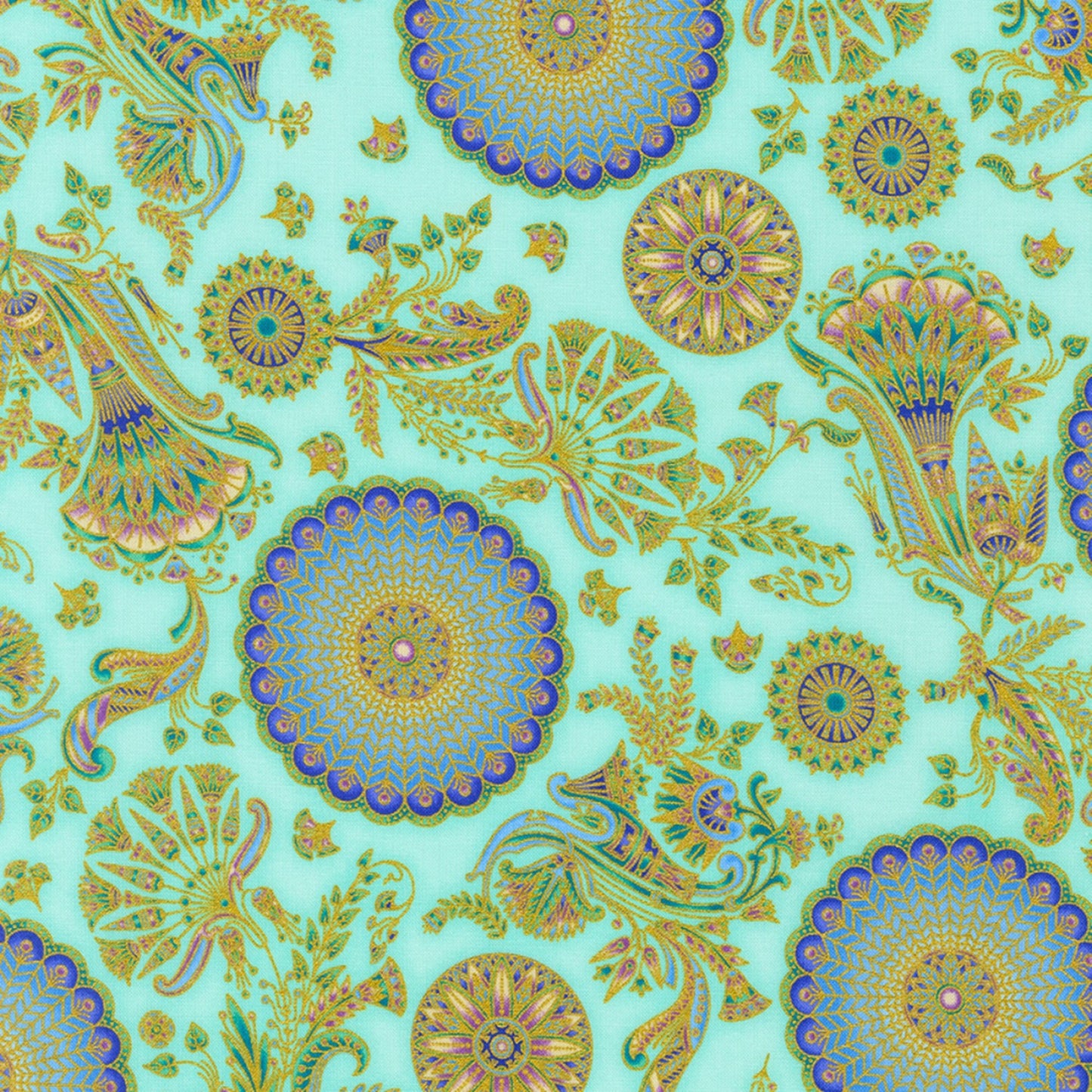 Ancient Beauty- Aqua Medallions with Metallic: Sold by the 1/2 yard.