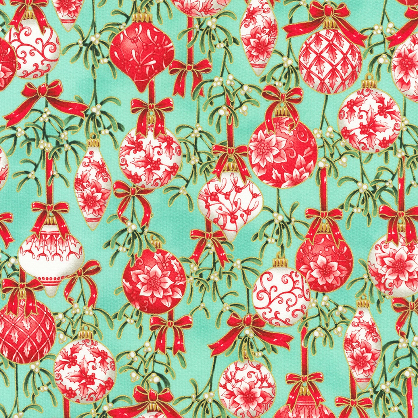 Holiday Flourish Festive Finery- Mint Ornaments Metallic: Sold by the 1/2 yard