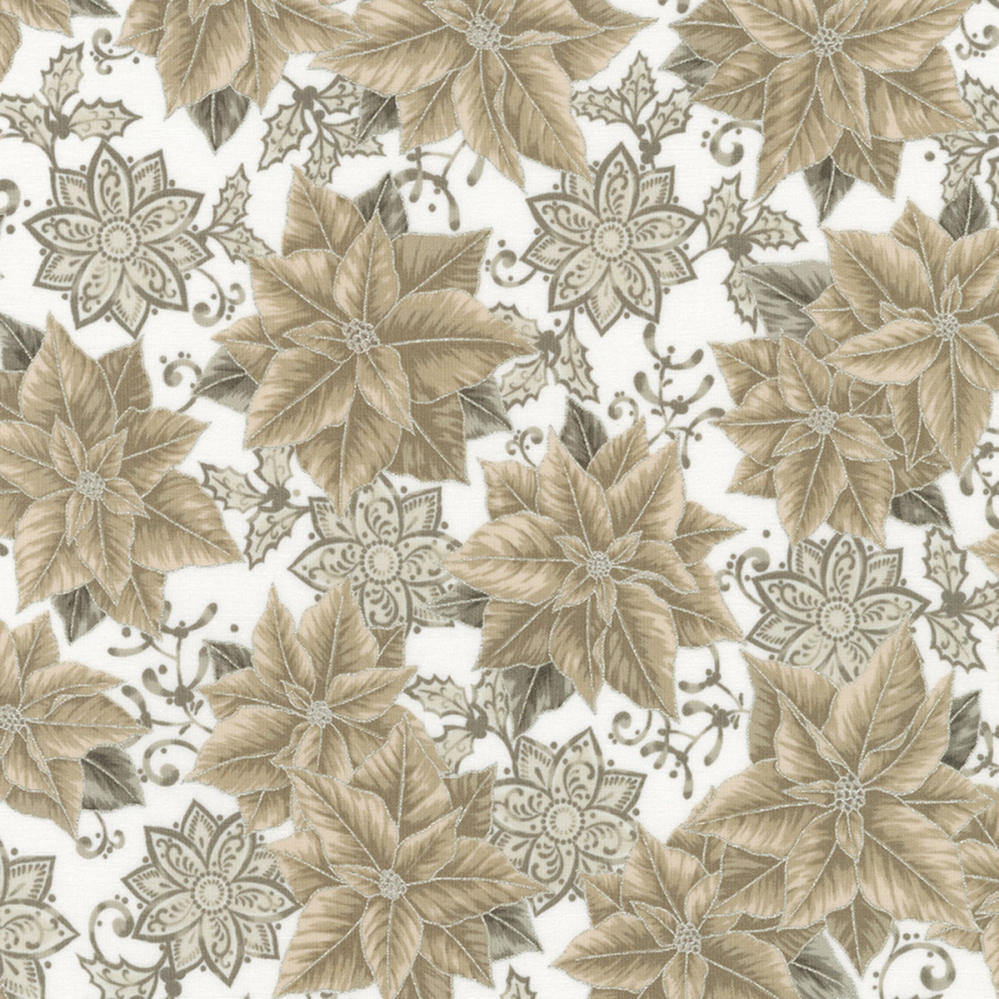 Holiday Flourish Festive Finery- Blanc Poinsettias Metallic: Sold by the 1/2 yard