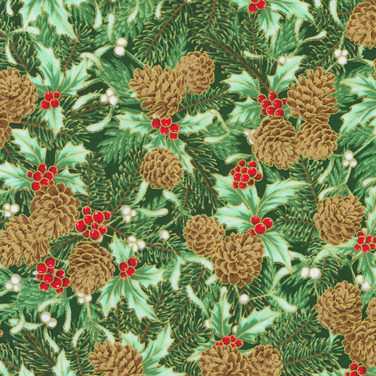 Holiday Flourish Festive Finery-Fresh Sage Pinecones Metallic: Sold by the 1/2 yard