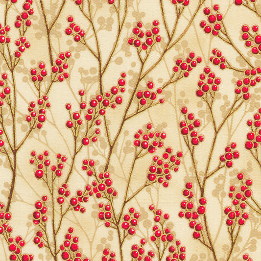 Holiday Flourish Festive Finery- Cream Berries Metallic: Sold by the 1/2 yard