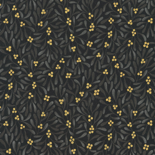 Holiday Flourish Festive Finery- Black Leaves Metallic: Sold by the 1/2 yard