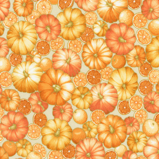 Sweet Pumpkin Spice- Orange Spice Pumpkins with Metallic: Sold by the 1/2 yard.