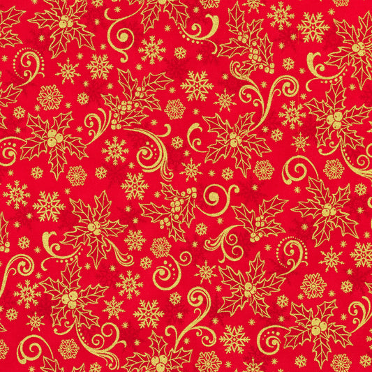 Traditional Trimmings- Red Poinsettias Metallic: Sold by the 1/2 yard