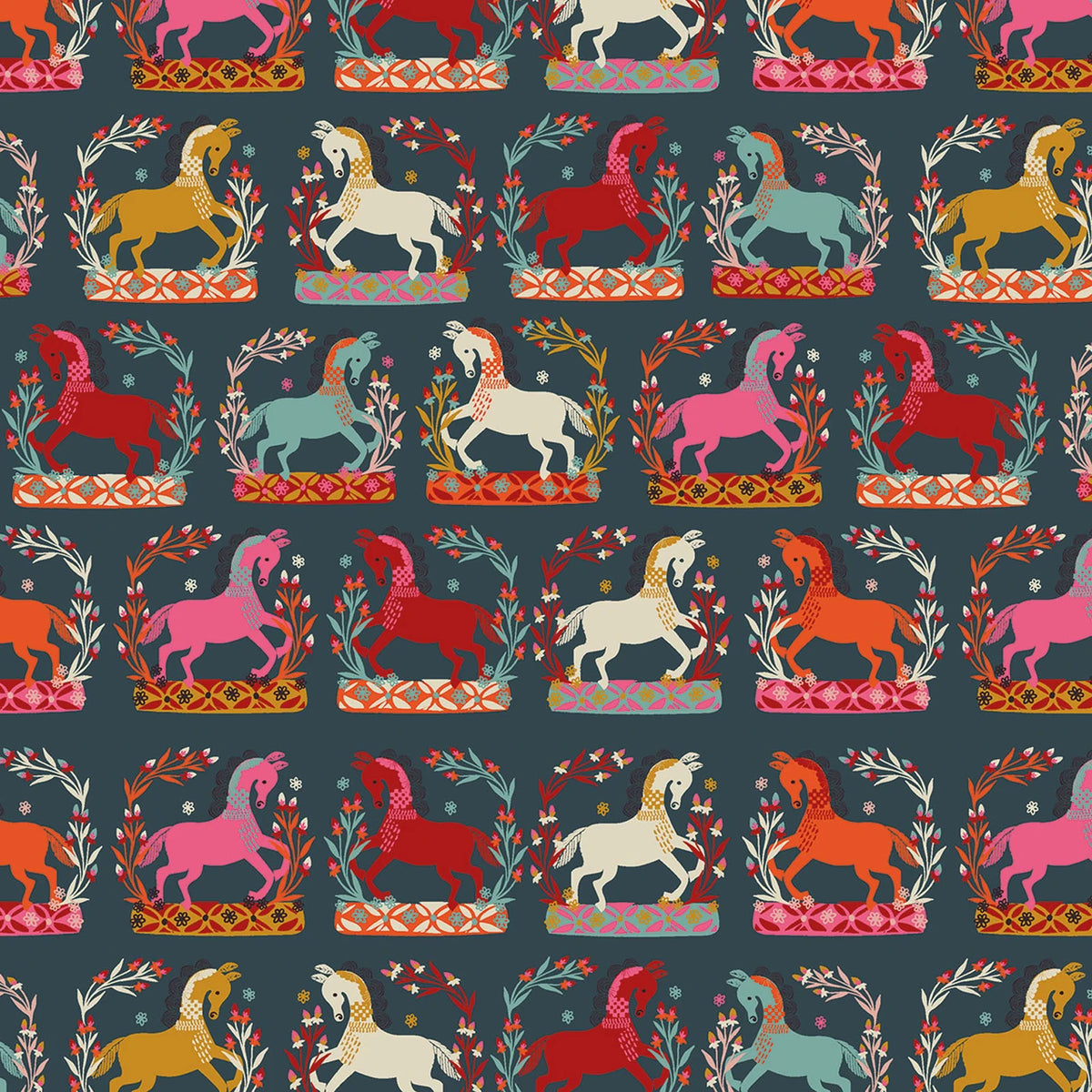 Fine Folk- Blue Prancing Horses: Sold by the 1/2 yard
