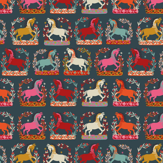 Fine Folk- Blue Prancing Horses: Sold by the 1/2 yard