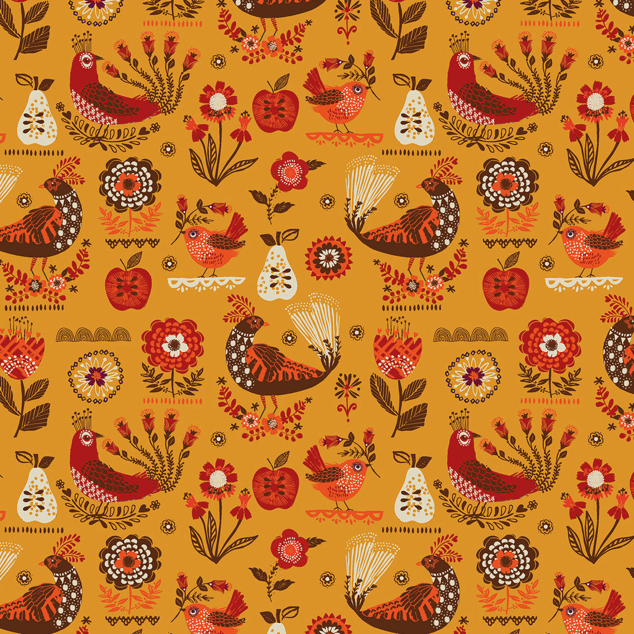 Fine Folk- Gold Songbirds: Sold by the 1/2 yard