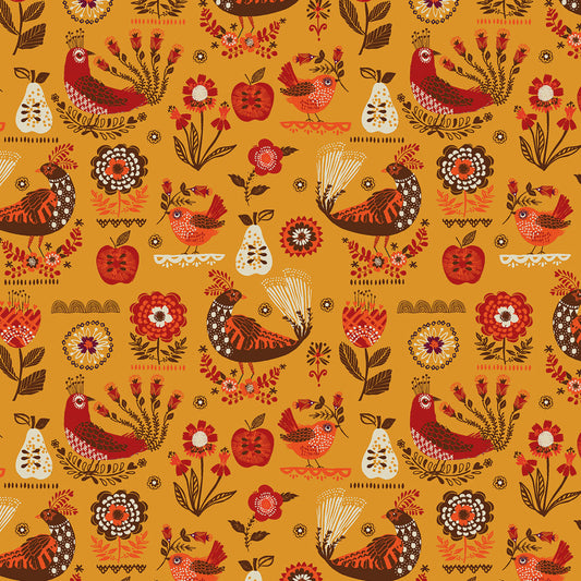 Fine Folk- Gold Songbirds: Sold by the 1/2 yard