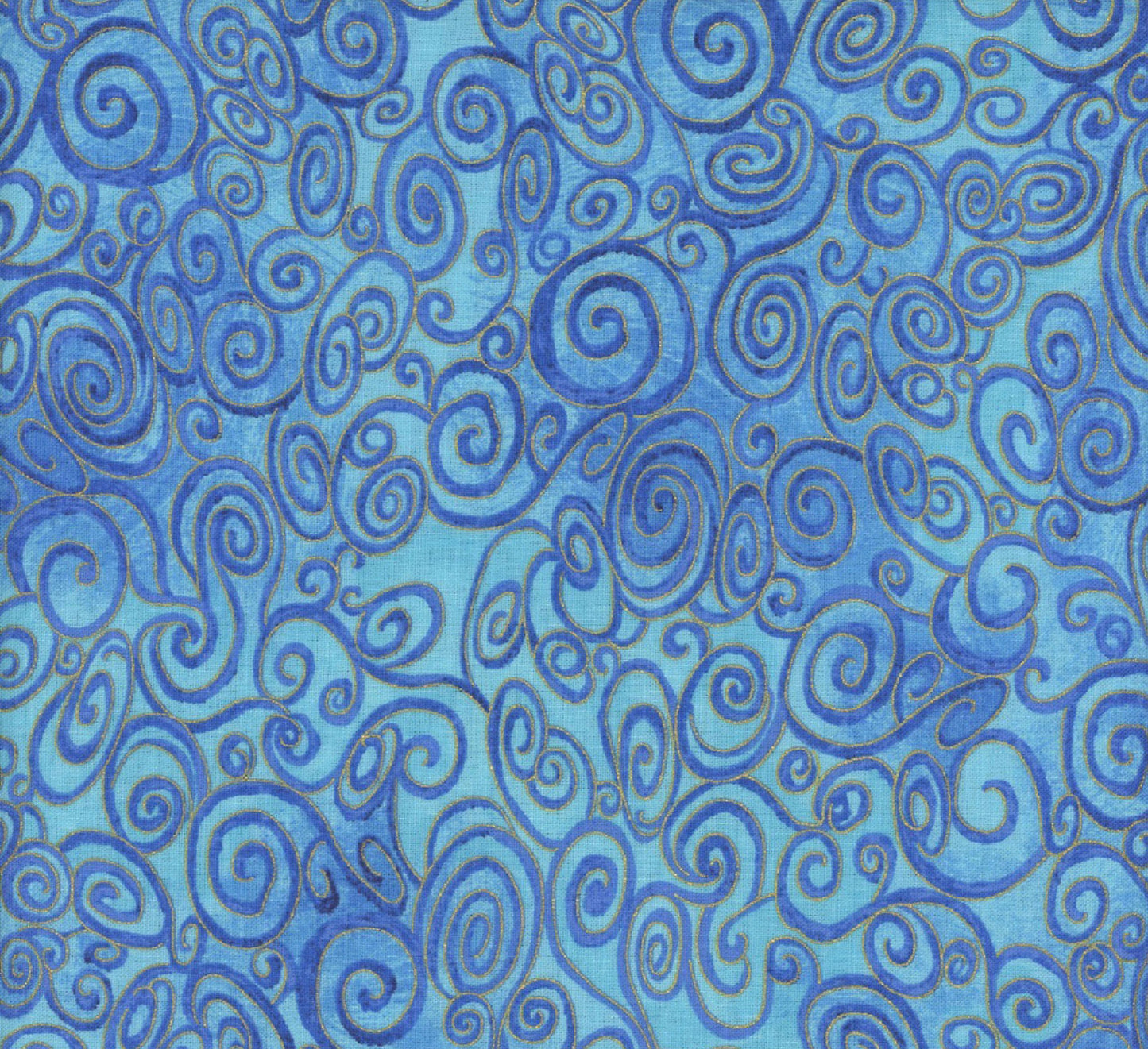 Wings of Gold- Swirly Scrolls Blue Metallic : Sold By The 1/2 Yard