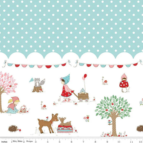 Whimsical Woodland- Aqua Border Print: Sold By The 1/2 Yard