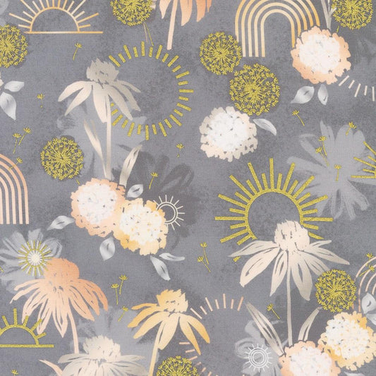 Summerstone- Pewter Suns with Metallic: Sold by the 1/2 yard.