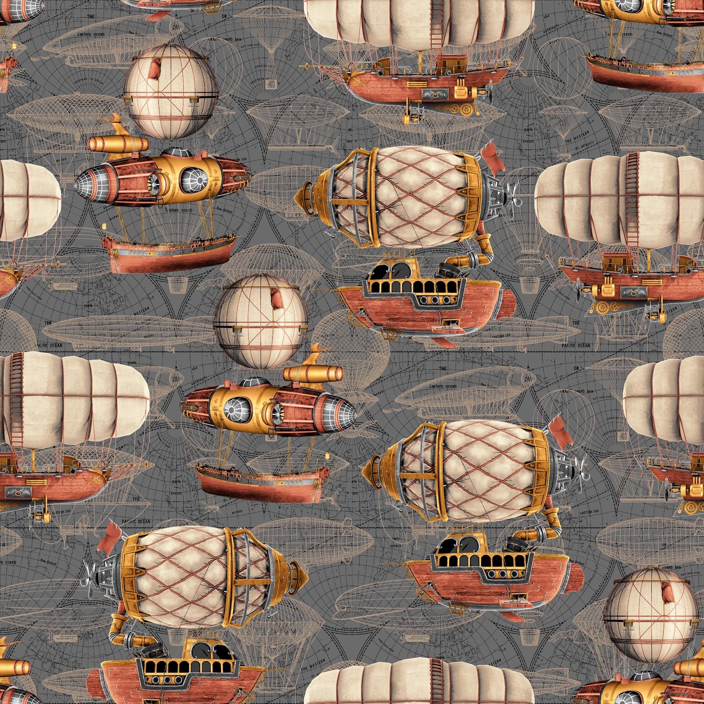 Time Travel- Gray Airships: Sold by the 1/2 yard.