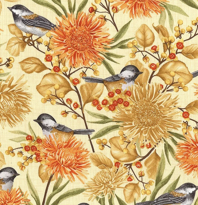 Chickadee Charm- Cream Birds and Florals All Over: Sold by the 1/2 Yard