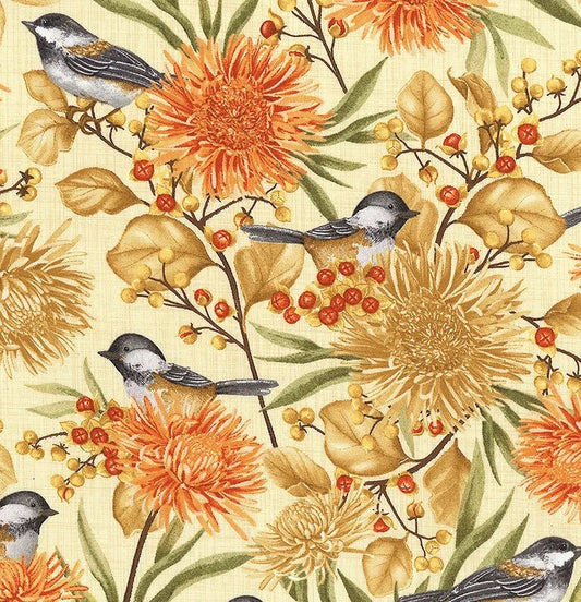 Chickadee Charm- Cream Birds and Florals All Over: Sold by the 1/2 Yard