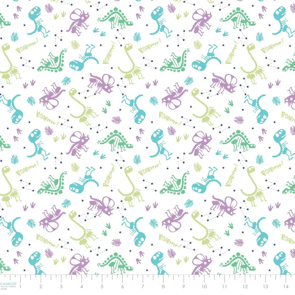 Dino Glow- White Dino Dreams, Glow: Sold By The 1/2 Yard