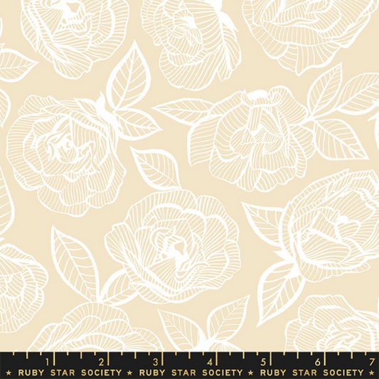 First Light- Floral Lace Roses Parchment: Sold by the 1/2 yard