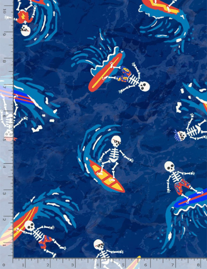 Surfing Skeletons- Blue: Sold By The 1/2 Yard, Cut Continuously