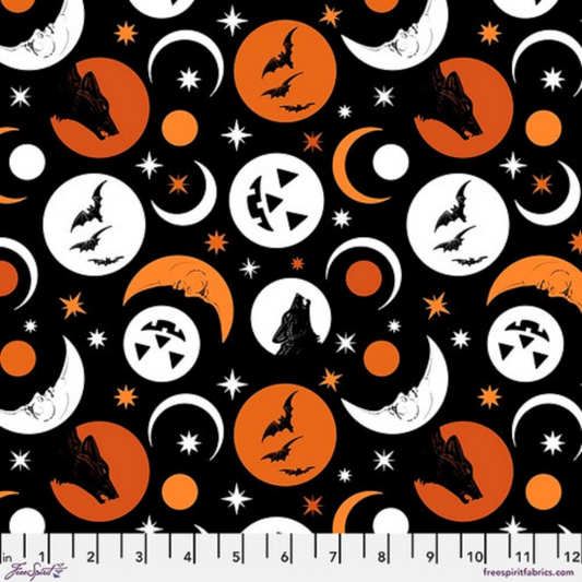 Scaredy Cat- Howl At The Moon Black: Sold By The 1/2 Yard