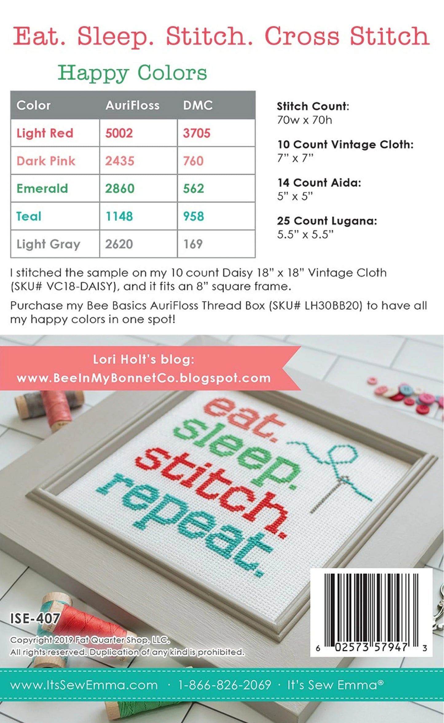 Eat. Sleep. Stitch. Repeat- It's So Emma Stitchery Cross Stitch