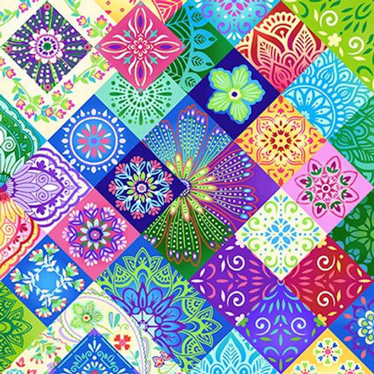 Caravan- Royal Multi Patchwork Medallions: Sold by the 1/2 yard.
