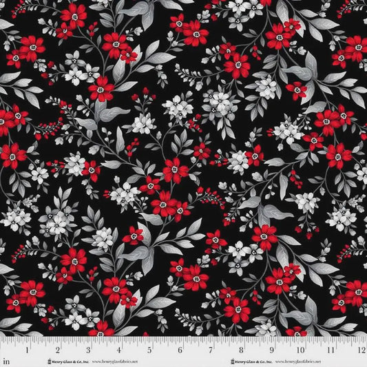 Scarlet's Treasure- Black Red Floral Vine: Sold by the 1/2 yard.