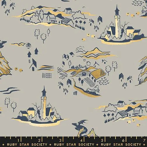 Fireglow- Oyster Metallic Mountain Town: Sold by the 1/2 yard