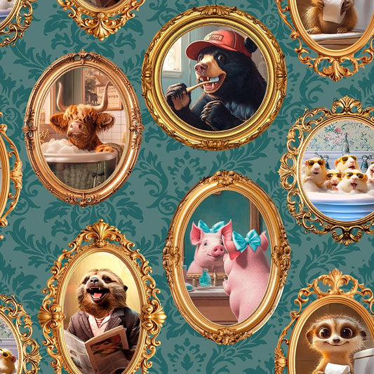 Please Seat Yourself- Teal All Framed Up: Sold by the 1/2 yard