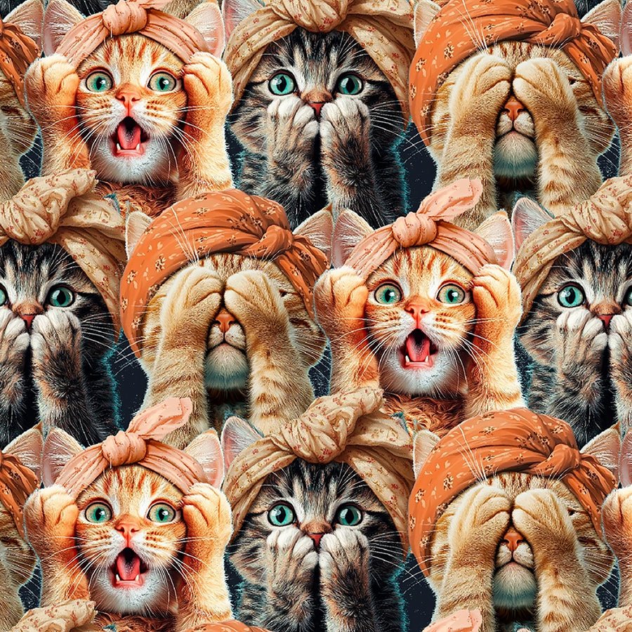 Please Seat Yourself- Multi Three Wise Cats: Sold by the 1/2 yard