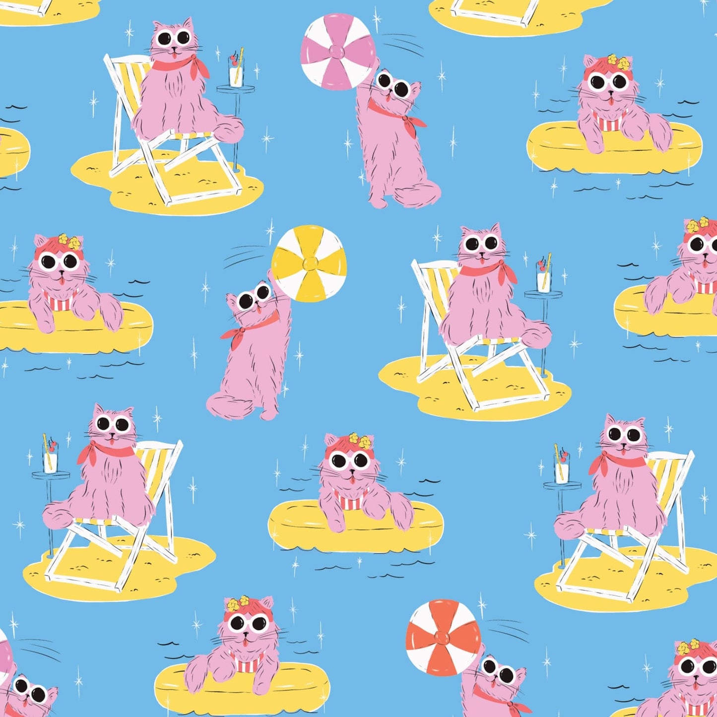 Poolside Purrfection- Blue Pool Pawty: Sold by the 1/2 Yard
