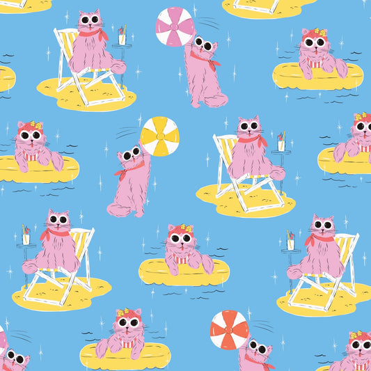 Poolside Purrfection- Blue Pool Pawty: Sold by the 1/2 Yard