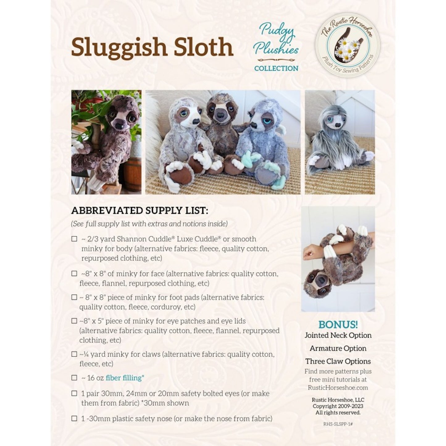 Sluggish Sloth Pudgy Plushies Pattern