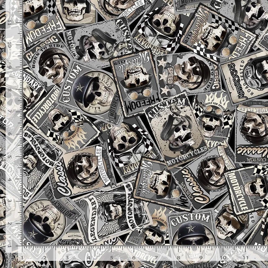 Wicked- Grey Motorcycle Skull Patches: Sold By The 1/2 Yard