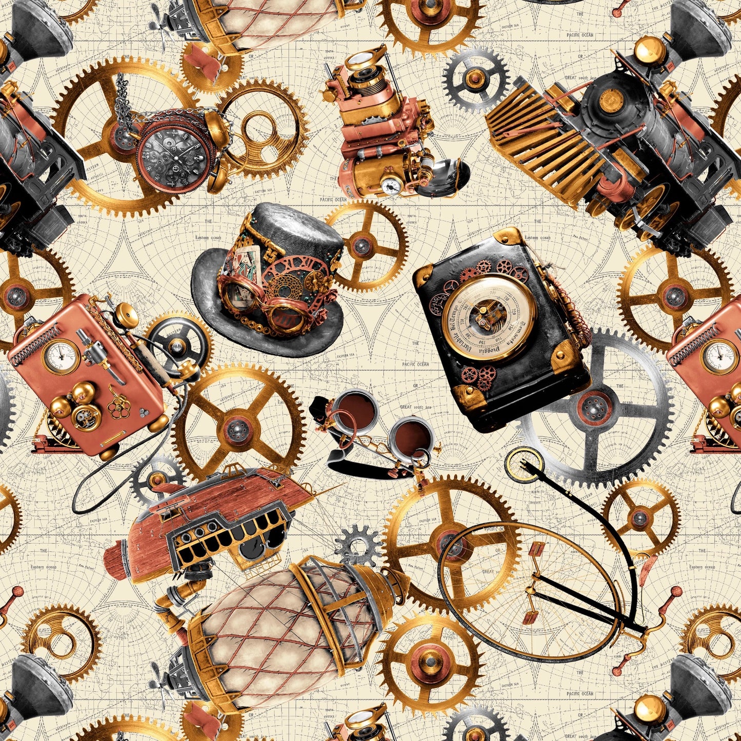 Time Travel- Ivory Steampunk Motifs: Sold by the 1/2 yard.