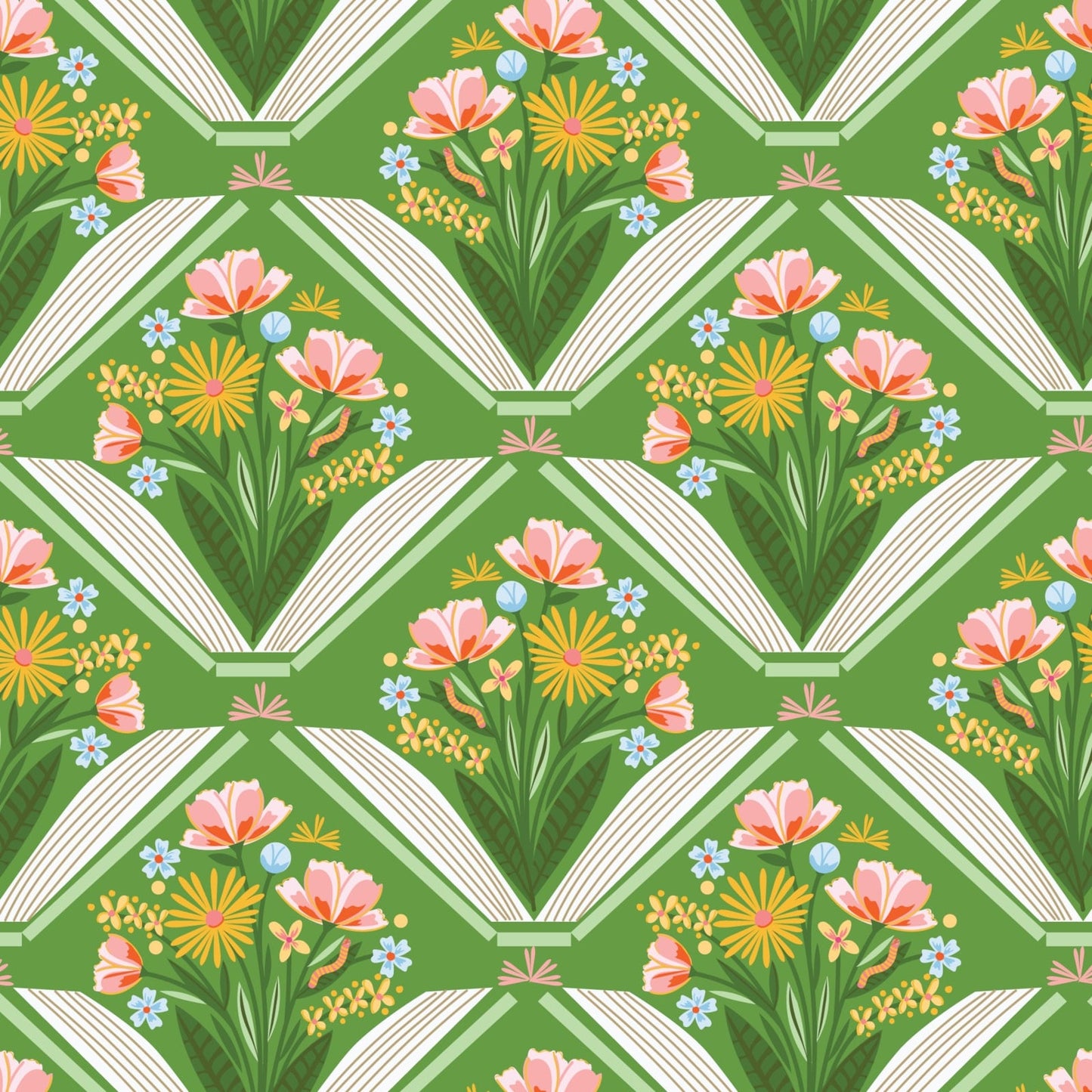 Bookworm- Green Stories Bloom: Sold by the 1/2 Yard