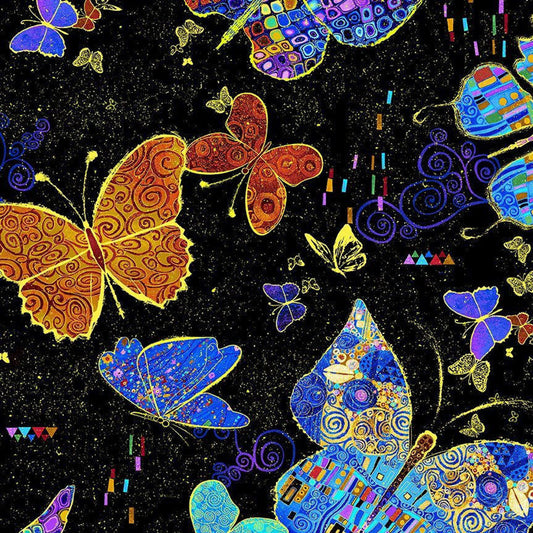 Wings of Gold- Large Flying Butterflies Black Metallic : Sold By The 1/2 Yard