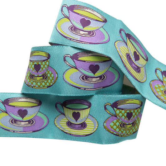 Curiouser & Curiouser- Blue Tea Time 1.5" Ribbon: 2 Yard Individual Cuts