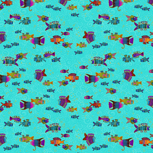 Oceania- Aqua Fish Metallic: Sold by the 1/2 yard.